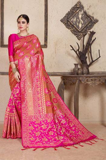 Shine Bright Wearing This Designer Heavy Weaved Saree In Brown and Dark Pink Color Paired With Dark Pink Colored Blouse. This Saree And Blouse Are Fabricated On Soft Art Silk Beautified With Weave. It Is Light Weight And Easy To Drape. 
