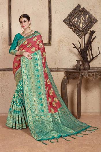 Shine Bright Wearing This Designer Heavy Weaved Saree In Red And Blue Color Paired With Blue Colored Blouse. This Saree And Blouse Are Fabricated On Soft Art Silk Beautified With Weave. It Is Light Weight And Easy To Drape. 