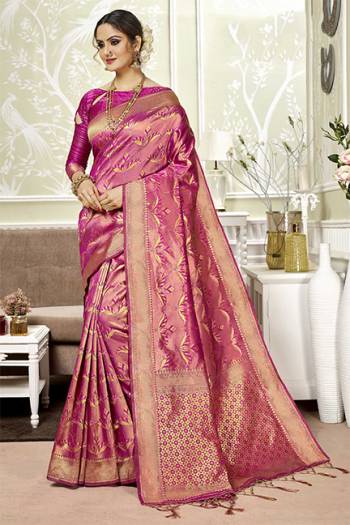Grab This Beautiful Designer Silk Based Saree In Rani Pink Color, This Saree And Blouse Are Fabricated On Banarasi Art Silk Beautified With Weave All Over It, Its Fabric Is Durable And Easy To Care For.