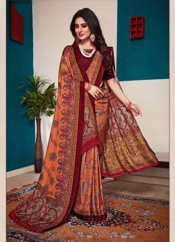For A Royal And Elegant Look, Grab This Designer Printed Saree With A Pretty Matching Pashmina Dupatta. This Saree Is In Rust Orange And Maroon Color Fabricated On Pashmina Beautified With Prints All Over. It Is Soft Towards Skin And Durable. 
