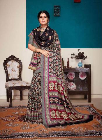 For A Royal And Elegant Look, Grab This Designer Printed Saree With A Pretty Matching Pashmina Dupatta. This Saree Is In Black And Cream Color Fabricated On Pashmina Beautified With Prints All Over. It Is Soft Towards Skin And Durable. 