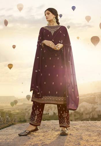 For A Royal Look, Grab This Heavy Designer Straight Suit In Maroon Color. This Pretty Suit Is Fabricated On Satin Georgette Paired With Embroidered Santoon Bottom And Georgette Dupatta. All Its Fabrics Ensures Superb Comfort All Day Long. 