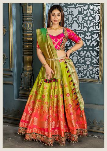 Get Ready For The Upcoming Festive Season On Navratri With This Designer Silk Based Lehenga Choli. This Embroidered And Heavy Weaved Lehenga Choli And Dupatta Are Fabricated On Banarasi Art Silk Which Also Gives A Rich Look To Your Personality. 