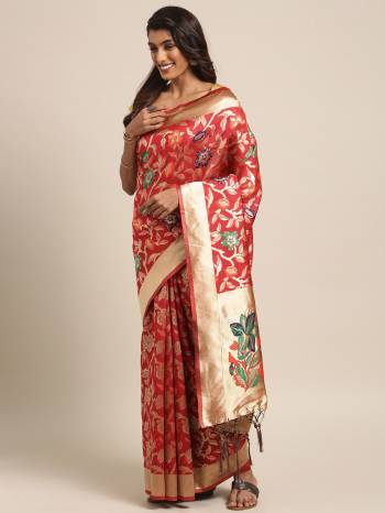 Celebrate This Festive Season In Traditional Look Wearing This Silk Based Saree In Red Color. This Saree And Blouse are Fabricated On Art Silk Beautified With Weave All Over. 