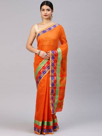 For Your Semi-Casuals, Grab This Simple Saree In Orange Color Paired With Cream Colored Blouse. This Saree And Blouse Are Fabricated On Cotton Art Silk Beautified With Weaved Lace Border. Buy Now.