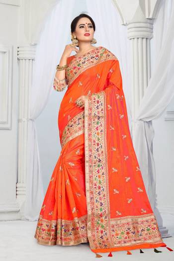 Here Is A Very Pretty Designer Silk Based Saree In Orange Color . This Saree And Blouse Are Fabricated On Soft Art Silk Beautified With Multi Colored Thread Work Over The Boder And Small Butti Work Over The Saree. Its Rich Fabric Gives An Enhanced Look To Your Personality And Also It Is Durable And Easy To Care For. 