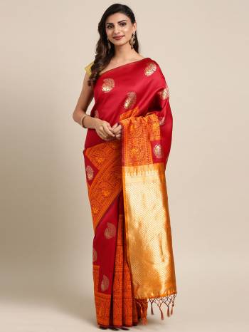 Celebrate This Festive Season In Traditional Look Wearing This Silk Based Saree In Red Color. This Saree And Blouse are Fabricated On Kanjivaram Art Silk Beautified With Weave All Over