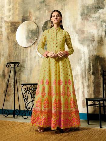 Celebrate This Festive Season With Beauty and Comfort Wearing This Designer Readymade Gown In Pear Green Color Fabricated On Chanderi. This Pretty Gown Has Digital Print All Over And It Is Easy To Carry Throughout The Gala.