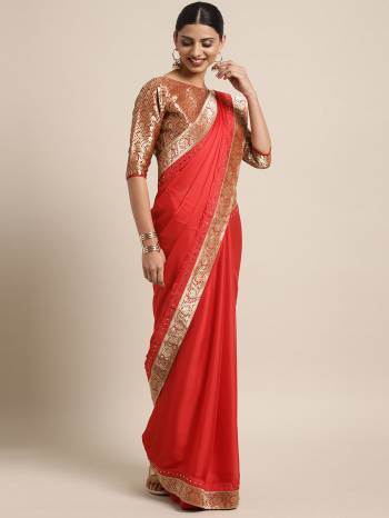 Wear this red color bright georgette saree. Ideal for party, festive & social gatherings. this gorgeous saree featuring a beautiful mix of designs. Its attractive color stone design, beautiful floral design Saree along with silk jacquard Blouse.