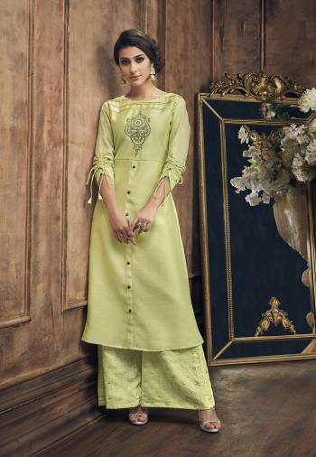 Celebrate This Festive Season With Beauty And Comfort Wearing This Designer Reaydmade Pair Of Kurti And Plazzo In Light Green Color. Its Top Is Beautified With Embroidery And Bottom With Foil Prints. This Pair Is Fabricated On Soft Silk Which Ensures Superb Comfort And Also It Is Durable.