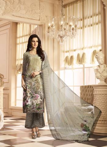 Here Is A Very Pretty Digital Printed Suit In Grey Color. Its Top And Bottom Are Fabricated On Crepe Paired With Georgette Fabricated Dupatta. Its Fabrics Are Soft Towards Skin Which Ensures Superb Comfort All Day Long. 