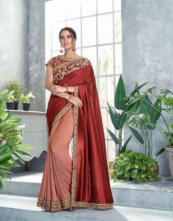 Look conventionally stylish in this sophisticated peach-Maroon half-half bridal saree with crush skirt and floral embroidered blouse. 