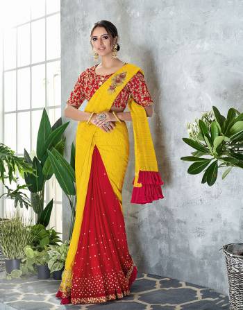 Vibrant confluence of artistic cuts and conventional colors and embroideries with crush frills on the short pallu makes this design a trendy yet traditional wonder. 