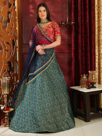 Go Colorful With This Very Beautiful Designer Lehenga Choli Red Colored Blouse Paired With Teal Blue Colored Lehenga And Navy Blue Colored Dupatta. Its Embroidered Blouse Is Fabricated On Art silk Paired With Jacquard Silk Weaved Lehenga And Jacquard Net Fabricated Dupatta. 