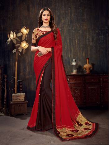 For Your Semi-Casual Wear, Grab This Pretty Light Weight Saree In Red And Brown Color. This Saree And Blouse Are Fabricated On Chiffon Beautified With Prints over Blouse And Printed Patch Over The Saree Pallu. 