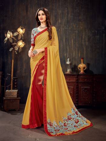 Here Is A Pretty Comfortable And Light Weight Saree In Yellow And Red Color Fabricated On Chiffon. Its Blouse Is Beautified With Prints All Over And The Saree Has A Printed Patch Over The Pallu. 