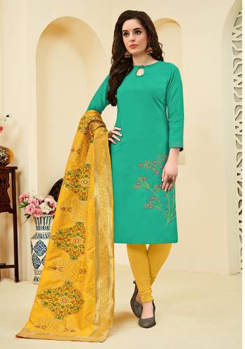 Here Is A Beautiful Dress Material To Add Into Your Wardrobe In Sea Green Colored Top Paired With Contrasting Yellow Colored Bottom and Dupatta. Its Top Is Fabricated On Cotton Slub Paired With Cotton Bottom And Banarasi art Silk Dupatta. 