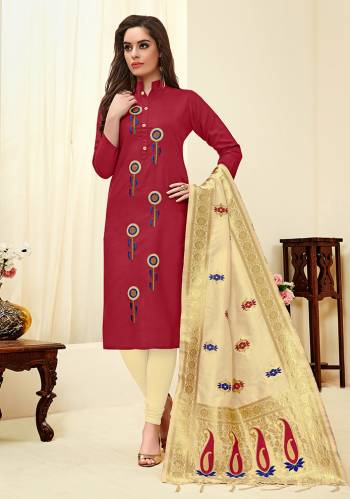 For A Royal Look, Grab This Evergreen Combination With This Dress Material In Maroon And Cream Color. Its Thread Embroidered Top IS Cotton Slub Based Paired With Cotton Bottom And Banarasi art Silk Fabricated Dupatta. All Its Fabrics Are Light Weight, Durable And Easy To Care For.