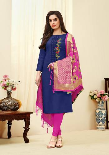 Shine Bright Wearing This Dresigner Suit In Royal Blue Colored Top Paired With Contrasting Rani Pink Colored Bottom And Dupatta. This Dress Material Is Cotton Based Paired with Banarasi Art Silk Dupatta. Get This Stitched As Per Your Desired Fit And Comfort.  