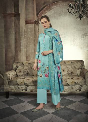 Simple and Elegant Looking Designer Straight Suit Is Here In All Over Turquoise Blue Color. It  Has Digital Printed Top In Satin Cotton Paired With Plain Cotton Bottom And Digital Printed Mal Cotton Dupatta. Buy This Pretty Suit Now.