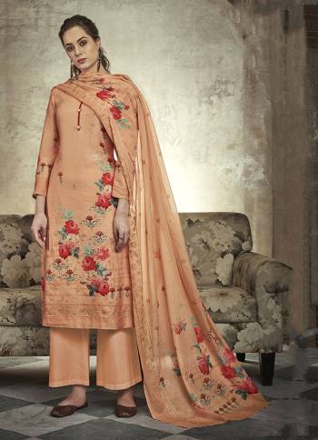 A Must Have Shade In Every Womens Wardrobe Is Here With This Designer Straight cut Suit In Light Orange Color. Its Top Is Fabricated On Satin Cotton Paired With Cotton Bottom And Mal Cotton Fabricated Dupatta. Its Top And Dupatta are Beautified With Digital Floral Prints And Sequence Work. 