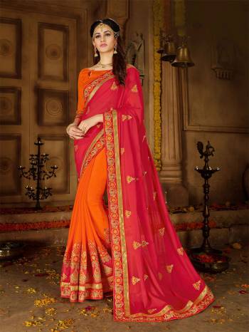 For A Proper Traditional Look, Grab This Heavy Designer Saree In Red And Orange Color Paired With Orange Colored Blouse. This Heavy Embroidered Saree Is Fabricated On Georgette Paired With Art Silk Fabricated Blouse .