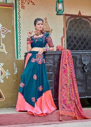 This Navratri, Adorn The Proper Traditional Look Wearing This Designer Lehenga Choli In Blue And Pink Color. This Pretty Lehenga Choli Is Cotton Based Beautified With Multi Colored Thread Embroidery And Mirror Work