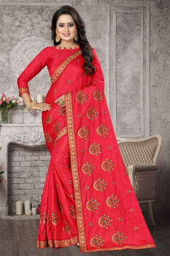 Bright And Appealing Shade Is Here With This Designer Saree In Rani Pink Color. This Saree And Blouse are Fabricated On Satin Silk Beautified With Jari And Resham Embroidery With Stone Work. Its Pretty Embroidered Motifs Are Adding More Beauty To It. 