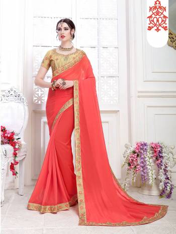 Catch All The Limelight Wearing This Pretty Designer Saree With Heavy Blouse Concept, Its In Dark Peach Color Paired with Beige Blouse. This Saree Is Chiffon Based Paired with art Silk Fabricated Blouse. 