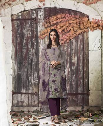 Grab This Pretty Digital Printed Dress Material In Grey And Purple Color. Its Top And Bottom Are Fabricated On Crepe Paired With Georgette Fabricated Dupatta. Get This Stitched As Per Your Desired Fit And Comfort. 