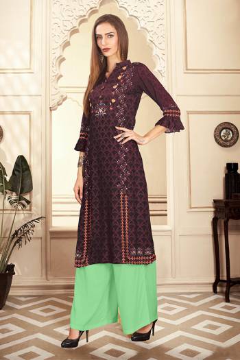 Beat The Heat This Summer With These Readymade Pair Of Kurti And Plazzo In Wine And Light Green Color. This Kurti And Plazzo Are Fabricated on Rayon Cotton And Available In All Sizes, Choose As Per Your Desired Fit And Comfort. Buy Now.