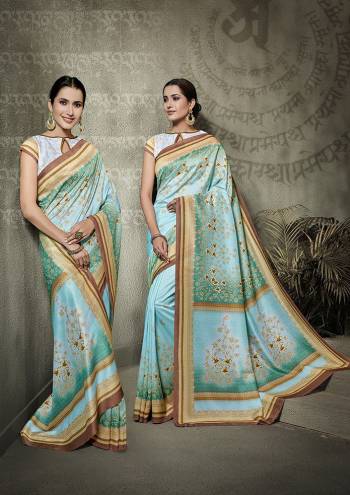 Look Pretty In This Lovely Light Blue Colored Saree Paired With Baby Blue Colored Blouse. This Saree And Blouse Are Tussar Silk Based Beautified With Digital Prints All Over It.