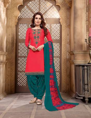 Celebrate This Festive Season Wearing This Beautiful Designer Patiala Suit In Red Colored Top Paired With Contrasting Teal Blue Colored Bottom And Teal Blue And Red Colored Dupatta. Its Embroidered Top Is Fabricated On Satin Cotton Paired With Cotton Bottom And Chiffon Fabricated Dupatta. 