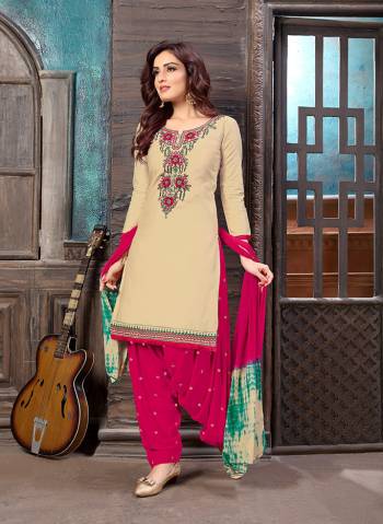 Rich And Elegant Looking Designer Patiala Suit Is Here In Cream Colored Top Paired With Dark Pink Colored Bottom And Dupatta. Its Top Is Fabricated On Satin Cotton Paired With Cotton Bottom And Chiffon Fabricated Dupatta. Buy This Lovely Suit Now.