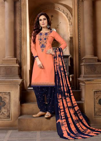 You Will Definitely Earn Lots Of Compliments Wearing This Designer Patiala Suit In Dark Peach Colored Top Paired With Contrasting Navy Blue Colored Bottom And Shaded Dark Peach And Navy Blue Dupatta. 