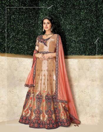 Adorn the classic brocades with a fresh new perspective and exude an old-world charm in this stunning lehenga. Pair with rose gold jewels to complete the look. 