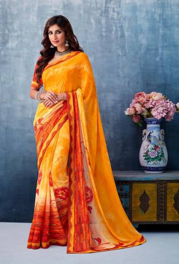 Simple And Elegant Looking Printed Saree Is Here In Musturd Yellow Color. This Printed Saree Is Georgette Based Paired With Art Silk Fabricated Blouse. It Is Beautified With Fancy Lace Border.