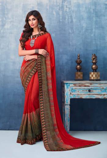 Simple And Elegant Looking Printed Saree Is Here In Red Color. This Printed Saree Is Georgette Based Paired With Art Silk Fabricated Blouse. It Is Beautified With Fancy Lace Border.