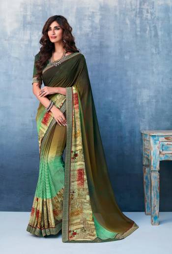 Simple And Elegant Looking Printed Saree Is Here In Dark Green & Light Green Color. This Printed Saree Is Georgette Based Paired With Art Silk Fabricated Blouse. It Is Beautified With Fancy Lace Border.