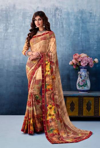 Simple And Elegant Looking Printed Saree Is Here In Beige And Multi Color. This Printed Saree Is Georgette Based Paired With Art Silk Fabricated Blouse. It Is Beautified With Fancy Lace Border.