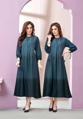 New Shade Is Here To Add Into Your Wardrobe With This Designer Readymade Long Kurti In Prussian Blue Color Fabricated On Rayon Slub. Its Fabric Is Durable, Light Weight And Easy To Carry All Day Long.