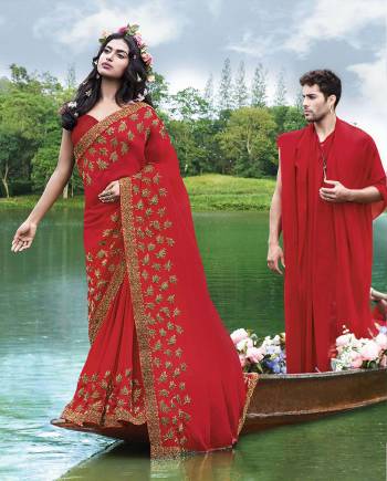 Grab This Very Beautiful And Elegant Looking Designer Saree In Red Color Paired With Red Colored Blouse. This Saree Is Fabricated On Georgette Paired With Art Silk Fabricated Blouse. This Saree Is Light In Weight And Easy To Carry All Day Long. 