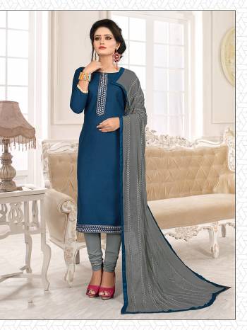 Get This Dress Material For Your Casual Or Semi-Casual Wear In Blue And Grey Color And Get This Stitched As Per Your Desired Fit And Comfort. Its Thread Embroidered Top IS Fabricated On Cotton Slub Paired With Cotton Bottom And Chiffon Fabricated Dupatta beautified With Thread Work. 