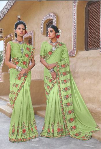 Celebrate This Festive Season In This Lovely Detailed Embroidered Saree In Light Green Color Paired With Light Green Colored Blouse. This Saree And Blouse Are Silk Based Giving You An Attractive Look. 