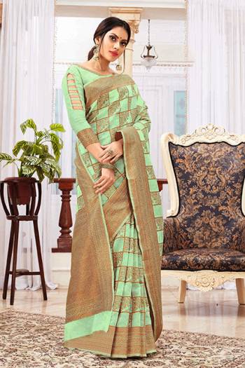 Flaunt Your Rich And Elegant Taste Wearing This Beautiful Saree In Light Green Color. This Pretty Saree And Blouse Are Fabricated On Cotton Silk Which IS Durable, Light Weight And Easy To Care For. Buy Now.