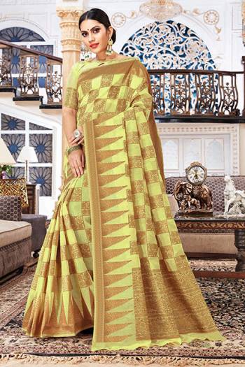 Flaunt Your Rich And Elegant Taste Wearing This Beautiful Saree In Pear Green Color. This Pretty Saree And Blouse Are Fabricated On Cotton Silk Which IS Durable, Light Weight And Easy To Care For. Buy Now.