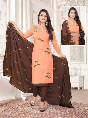 Get This Dress Material For Your Casual Or Semi-Casual Wear In Light Orange And Brown Color And Get This Stitched As Per Your Desired Fit And Comfort. Its Thread Embroidered Top Is Fabricated On Cotton Slub Paired With Cotton Bottom And Cotton Silk Fabricated Dupatta beautified With Thread Work.