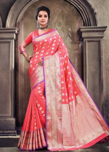 Celebrate This Festive Season Wearing This Saree In Old Rose Pink Color Paired With Old Rose Pink Colored Blouse. This Saree And Blouse Are Satin Silk Based Beautified With Weave. 