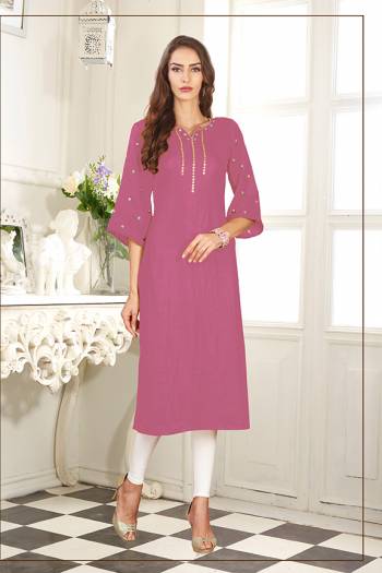 Celebrate This Festive Season With Beauty And Comfort Wearing This Readymade Straight Cut Kurti In Pink Color Fabricated On Soft Satin Silk. It Has Pretty Elegant Embroidery Giving An Enhanced Look To The Kurti. 