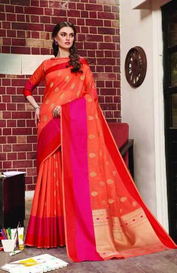 Adorn a Bold And Beautiful Look Wearing This Silk Based Saree In Orange Color Paired With Orange Colored Blouse. Its Fabric Is Durable And Easy To Care For. 